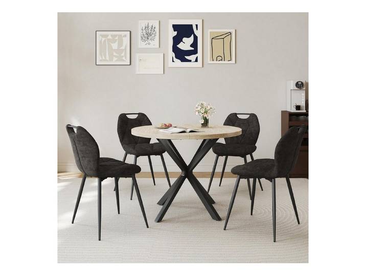 LuxusKollektion Essgruppe Stuhlset Esstisch Gelber Travertin + Schwarzer Stuhl 100*100*76.5cm 5