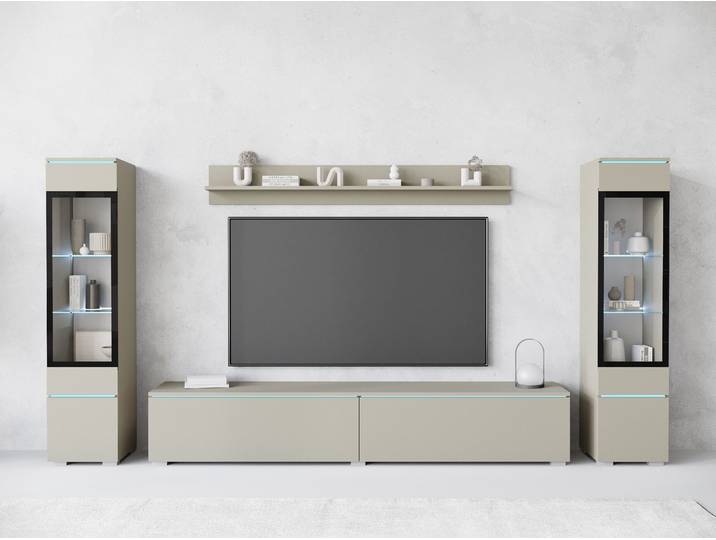 Wohnwand HOME AFFAIRE VERA II , beige (kaschmir), B:260cm H:130cm T:33cm, Kastenmöbel-Sets, Wohnwand, Vitrine mit Verglasung, stehend und hängend, inklusive Beleuchtung