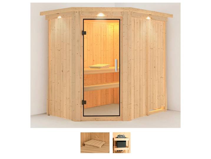 Sauna KARIBU Clara , beige (naturbelassen), ohne Ofen, (ohne Ofen), Saunen, Sauna, ohne Ofen