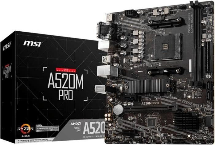 MSI A520M PRO Moederbord, AMD AM4, DDR4-SDRAM, maximaal 64GB, Gigabit Ethernet