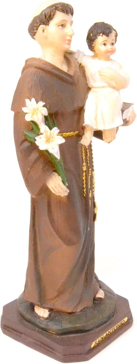 Religieus standbeeld van Sint Antonius, bruin kunsthars beeld met voetstuk, Hoogte: 21 cm