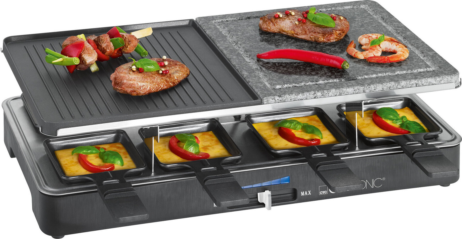 Clatronic Raclette met hete steen en omkeerbare grillplaat voor 8 personen, RG 3518