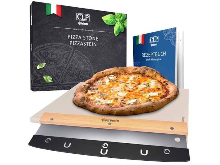 CLP Pizzastein eckig aus Cordierit mit Rezeptbuch für Backofen & Grill 38x30 cm I Einzeln oder als Set mit Pizzaschieber und Schneider Set-Inhalt Pizzastein+Schneider