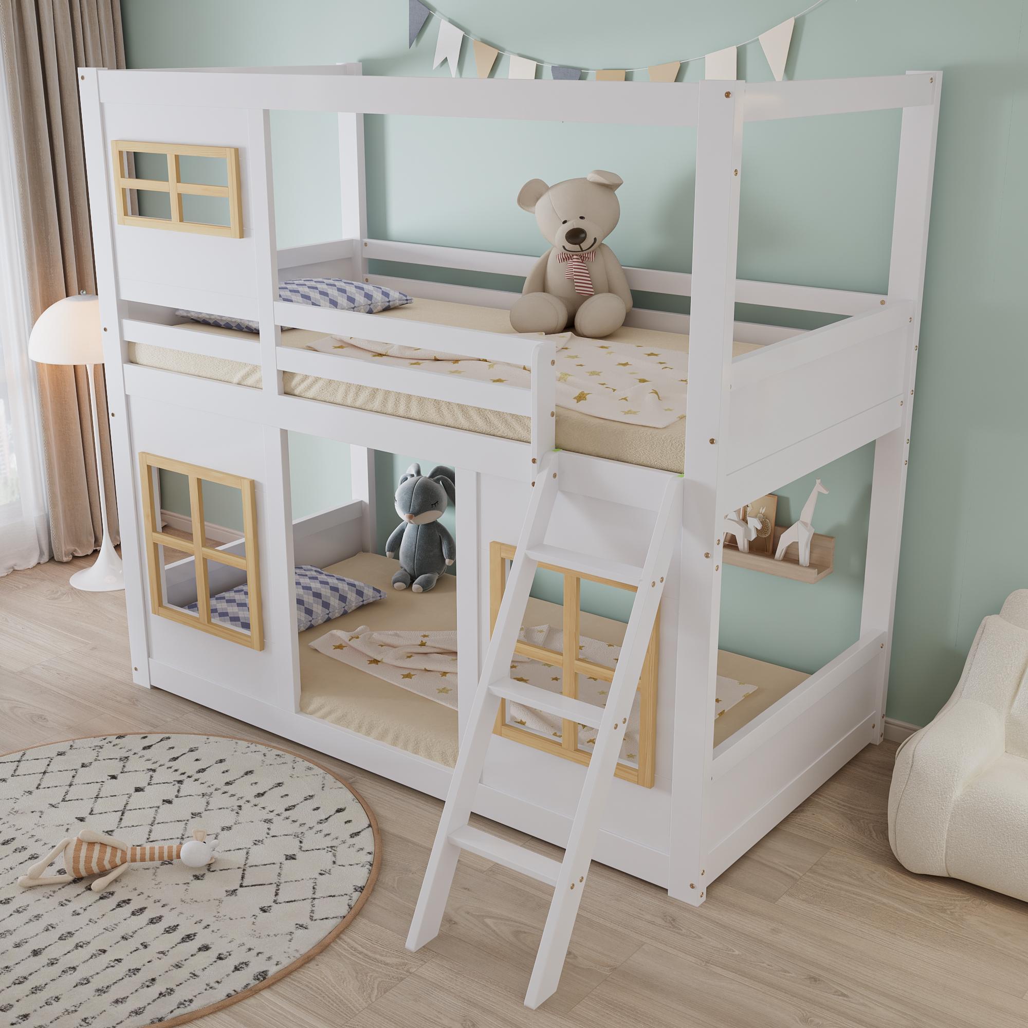 okwish Etagenbett 90x200cm mit treppe,Kinderbett mit Vierseitigen Umzäunung,Holzbett Jugendbett mit Stauraum,Ohne Matratze,Weiß+Natur