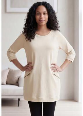 Plus Size Women's Ellos Studio French Terry Zip-Pocket Long Sleeve Scoopneck Tunic by Ellos Studio in Stone (Size 4X)