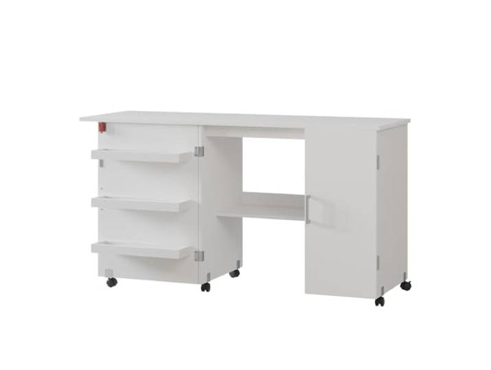 Vicco Nähtisch Carmen , Weiß 148 x 75 cm mit 3 Regalfächer und Schrank, klappbar auf Rollen zur flexiblen Nutzung als Arbeitstisch