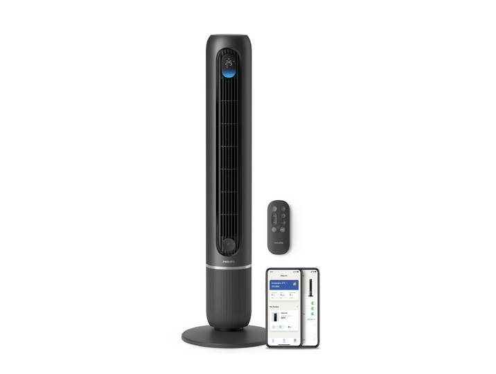 Turmventilator PHILIPS CX7550 Serie 7000 mit 12 Geschwindigkeiten u. Aromatherapie-Zusatz , schwarz (dunkelgrau, metall), B:32,5cm H:106cm T:32,5cm, Ventilatoren, Turmventilator, Oszillierend, besonders leise, mit DC-Motor, Timer u. Fernbedienung, Topseller