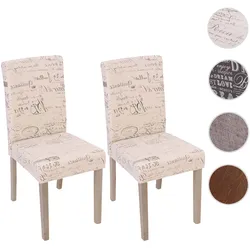 2er-Set Esszimmerstuhl Littau, Stuhl Küchenstuhl ~ Textil mit Schriftzug, creme, Beine Struktur - Eiche