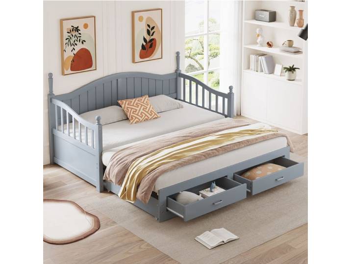 VUENOR Lit gigogne extensible 90x190 cm gris – 2 tiroirs sommier à lattes sans matelas