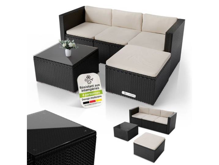 Juskys Salon de jardin Punta Cana M polyrattan noir/crème 3-4 personnes canapé table ottoman