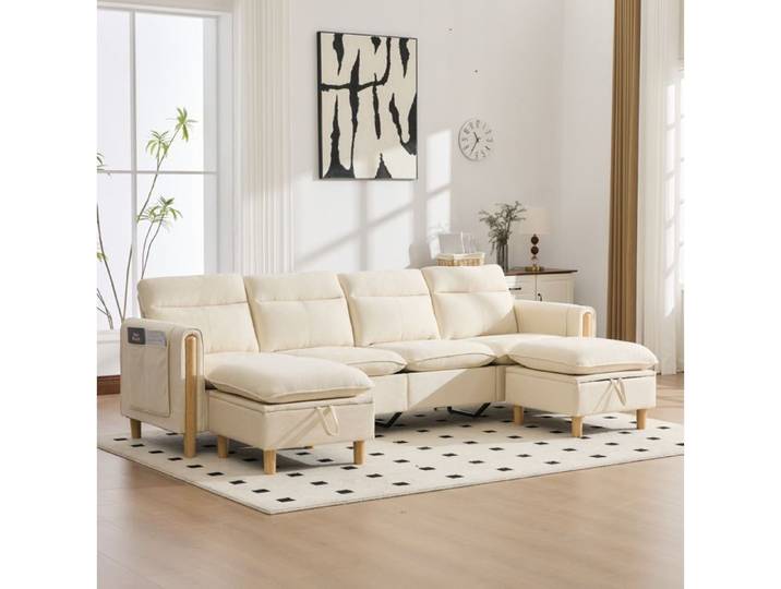 WUVRIE Canapé modulaire 4 places avec 2 poufs de rangement chenille beige configuration en U possible