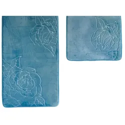 Almina Premium 2 teiliges Bademattenset mit Rosenmotiv Blau