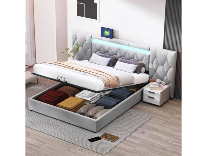 Lit coffre 180x200cm - AUTREMENT - Velours gris - Prise USB - Tête de lit longue - Sommier inclus