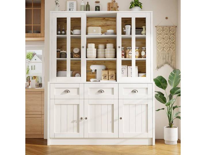 Buffet Cuisine Rangement 140×38.5×175cm-Armoire de Cuisine Haute-Meuble de Cuisine avec Tiroirs-Vaisselier Moderne Minimaliste-Blanc