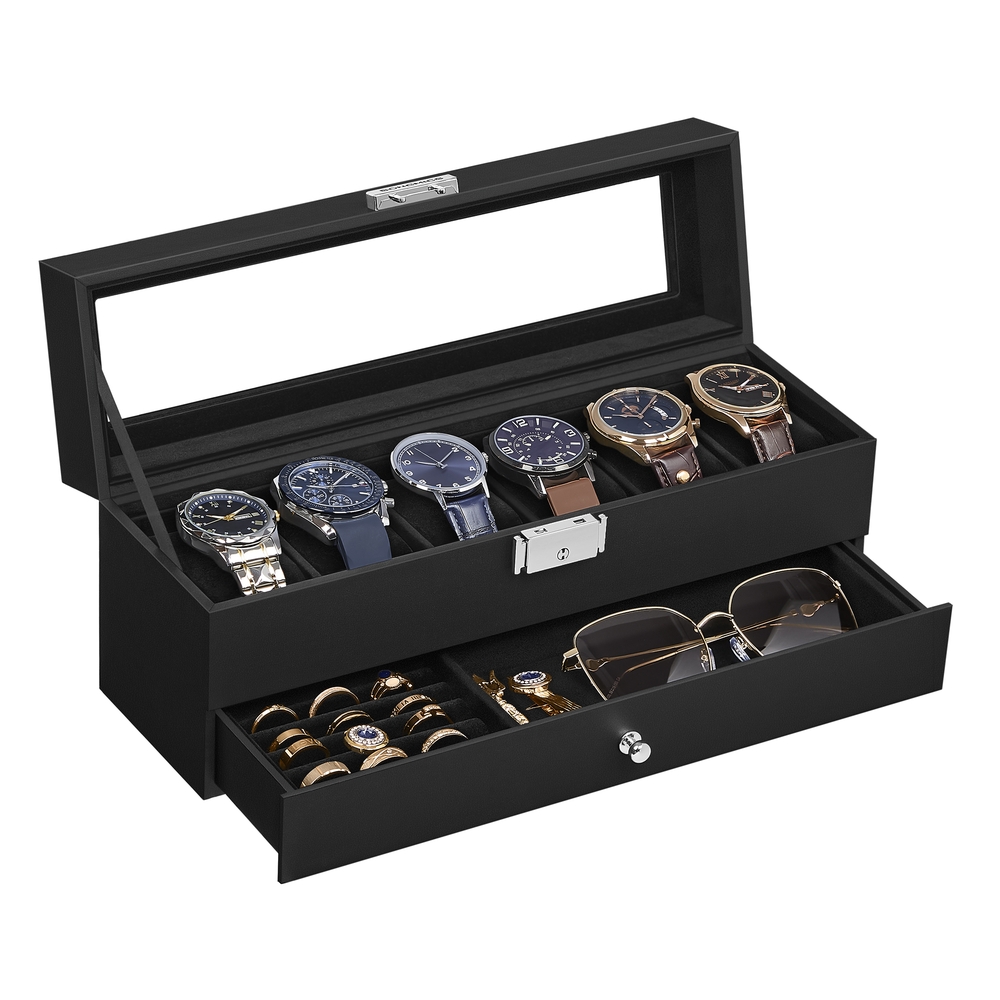 SONGMICS Uhrenbox mit 2 Ebenen PU-Bezug und Innenfutter in Schwarz JWB060B02