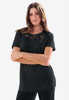 Plus Size Women's Plus Size Eyelet Cutout Tee by Roaman's in Black (Size S)