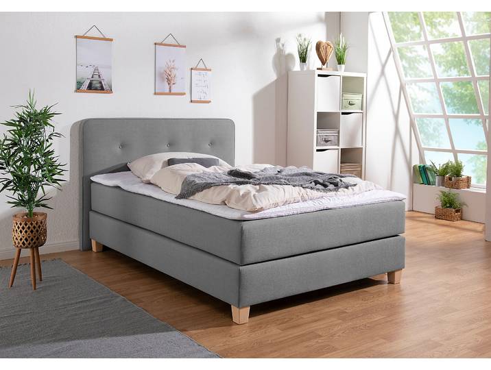 Boxspringbett, Hellgrau, 133x207 cm, Strukturstoff & Samt, Mit Topper, Klassisch, Home-affaire