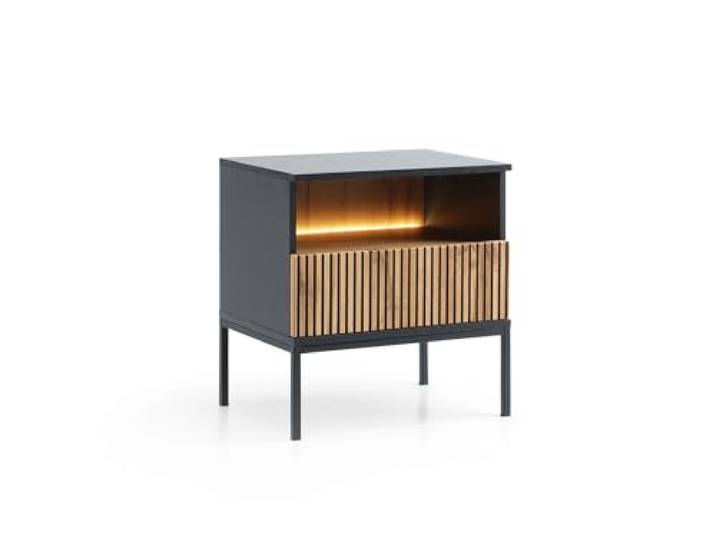 Emporius Daveno Nachttisch Schwarz - Nachtschrank mit LED, hohen Beinen, Schublade und Lamellen - 54 cm breit - Nachtkästchen, Beistellschrank Modern, Elegant