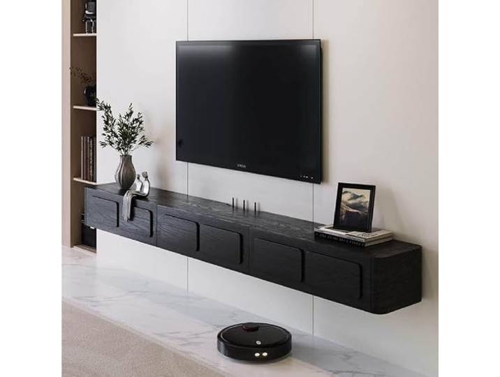 Schwebender TV-Ständer, modernes wandmontiertes Entertainment-Center Mit herunterklappbaren Schranktüren, Medienkonsole aus Massivholz hängend