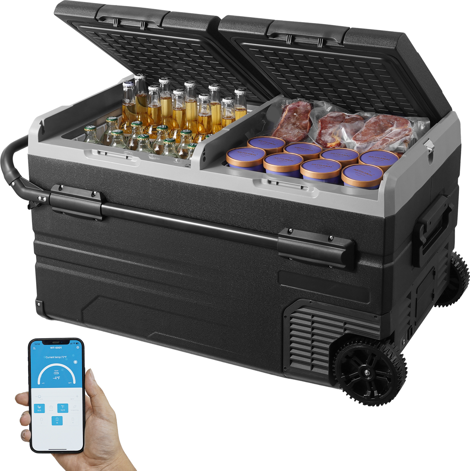 VEVOR 12 V Autokühlschrank, tragbarer 115 L Gefrierschrank mit 2 Zonen und Rädern & Griff, -20 °C bis 20 °C, 12/24 V DC / 100-240 V AC-Kompressorkühler für den Außenbereich, Camping, Reisen