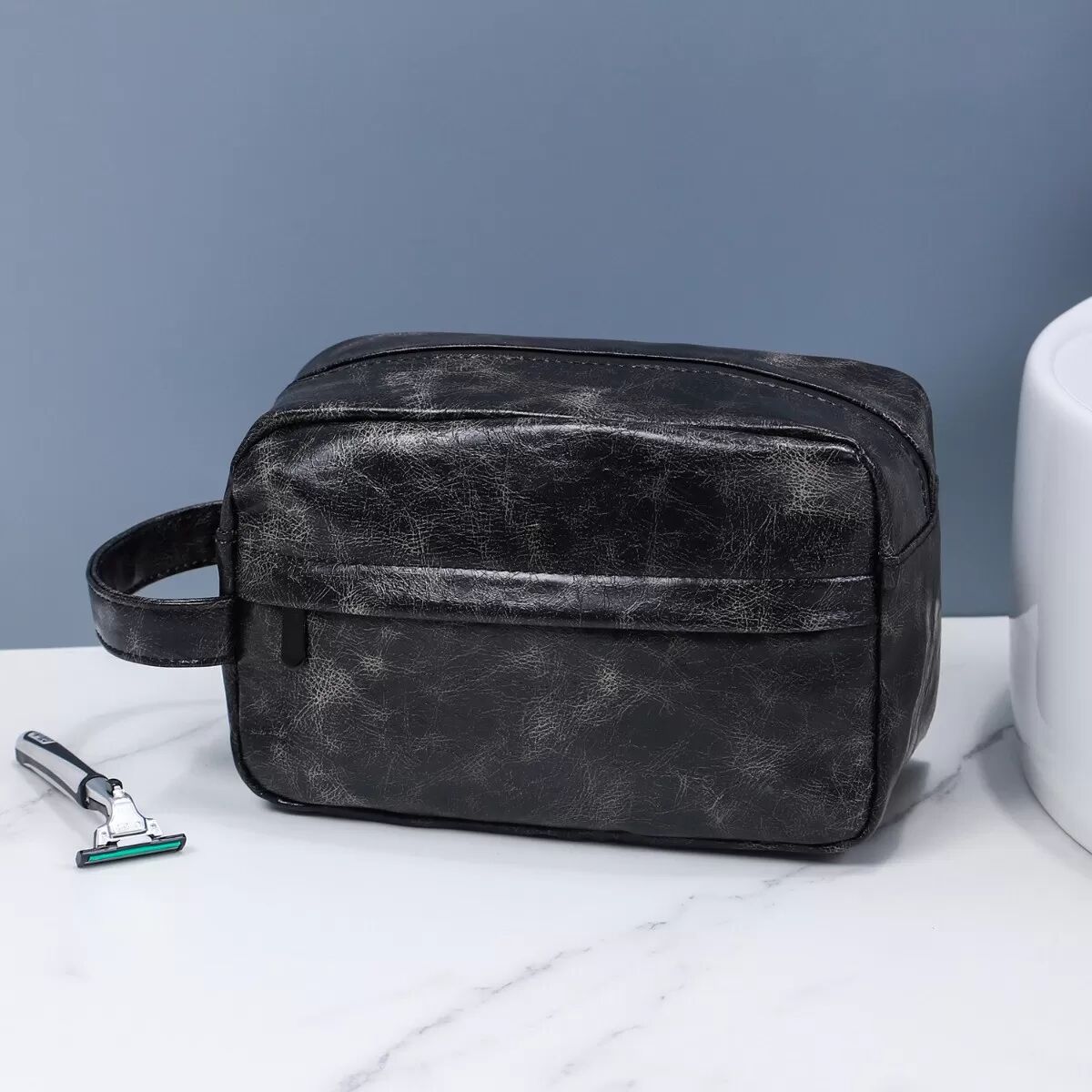 INF Reise-Kulturbeutel aus PU-Leder - Tragbare Waschtasche mit großem Fassungsvermögen für Damen und Herren Schwarz
