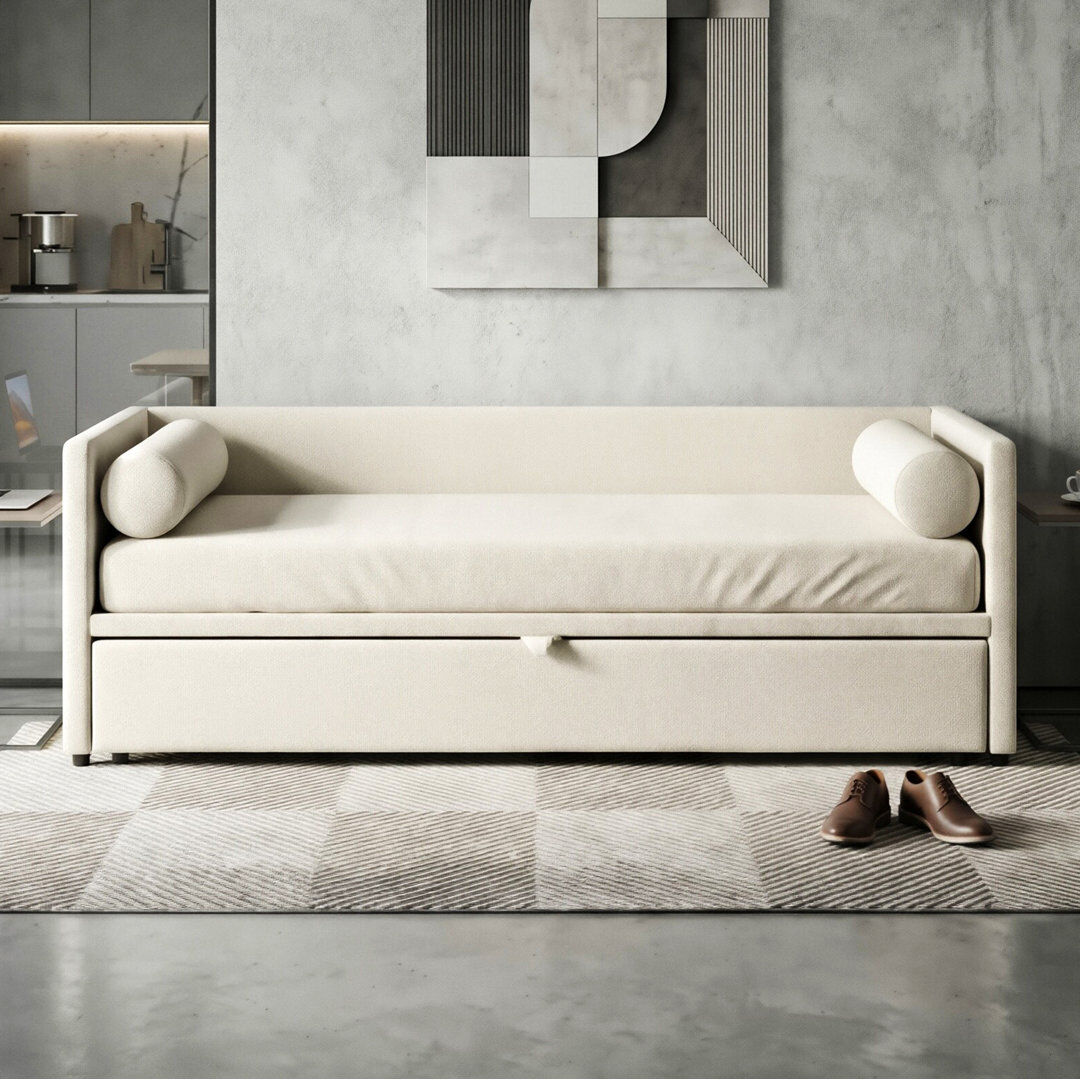 Brayden Studio Velvet Upholstered Extendable Daybed With Pop-Up Trundle, 3-In-1 Sofa Bed Converts To Double, Beige & Grey Beige 74cm H X 213cm W X 190cm L
