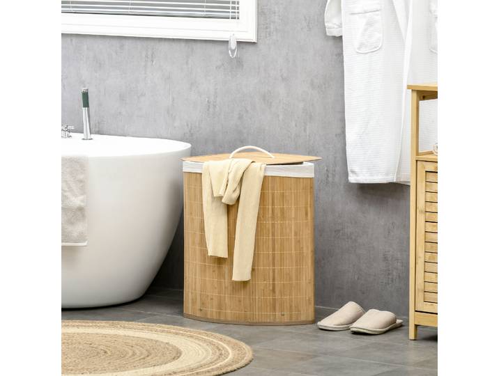 HOMCOM Panier Linge Bambou 55L Couvercle/Sac Amovible Blanc