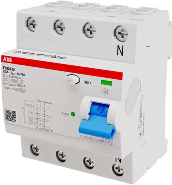 ABB Stotz S&J; Disjoncteur différentiel Type B 4P 25A, 30mA, 3kA, 4I F204B-25/0, 03-4I (2CSF204568R1250)