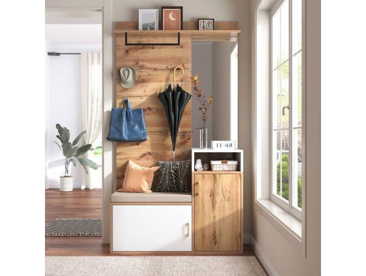 Meuble d'entrée - Becag - Vestiaire d'entrée avec miroir et patères - Ensemble de vestiaire avec banc 105x40x190.5cm Naturel+Blanc