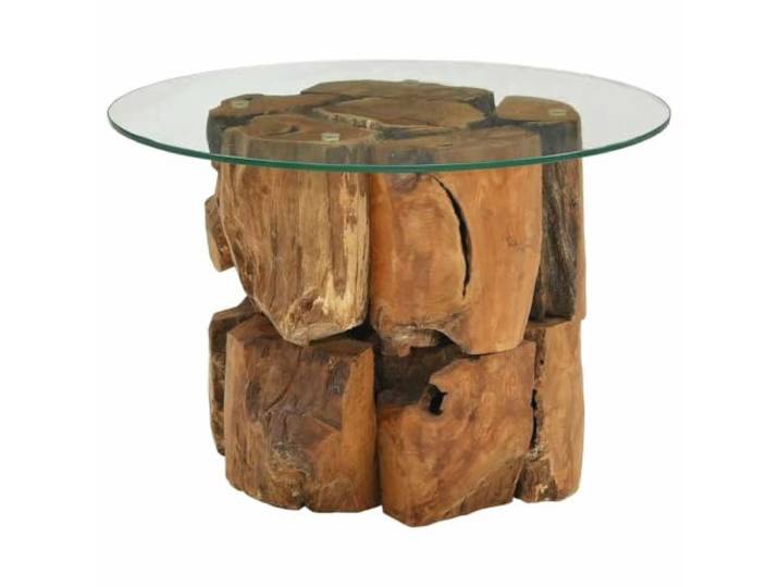Tmriohed Couchtisch Massivholz Teak Treibholz 60cm Glastisch Rund Handgefertigter Beistelltisch mit robuster Glasplatte aus Hartglas für Wohnzimmer und Lounge, rustikales Teak Unikat.