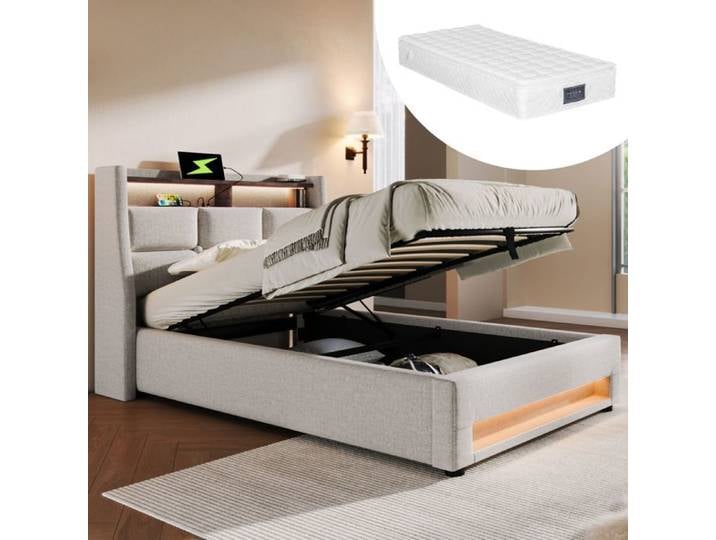 Lit coffre - SOGEU - Lit coffre 90x200 cm - Matelas inclus - LED intégrée - Port USB