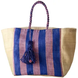 RICE Große Raffia Schopping Tasche Bunte Streifen, L:40 cm, B:40 cm, H:30 cm, Blau