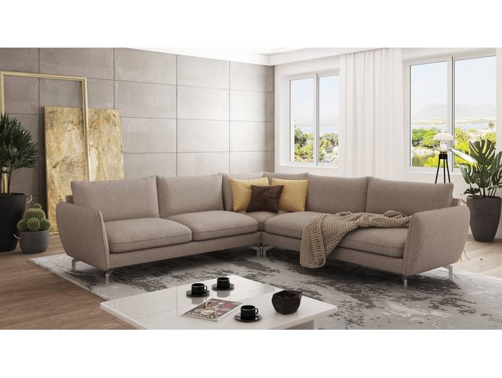 S-Style Möbel Patrick - Modernes Ecksofa mit Silber Metall Füßen - Dunkelbeige