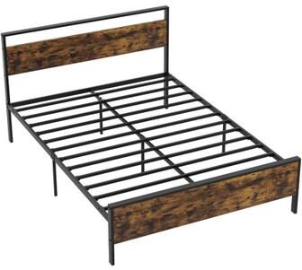 Costway Queen Metal Bed Frame Industrial Platform Bed with Wooden Headboard-Queen Size