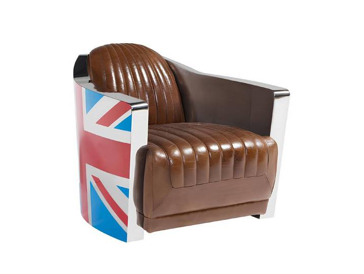 JVmoebel Sessel Vintage Lounge Sessel Union Jack Braun Leder mit Metallfüßen (Sessel), Made in Europa