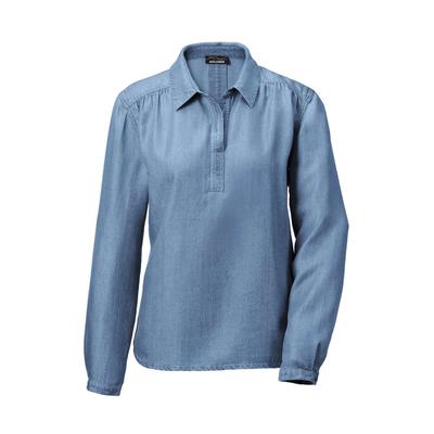 Klassische Bluse GOLDNER "Denimbluse mit offenem Hemdkragen", Damen, Gr. 44, blau, Obermaterial: 100% Lyocell CLY., figurumspielend, Manschette, Blusen, Manschette
