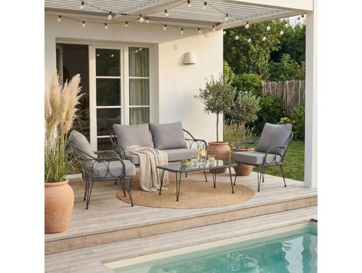 IDIMEX Gartenmöbel Cairo: 2 Sessel, 1 Zweisitzer, 1 Beistelltisch - schwarz/grau, Loungemöbel Balkon, Rattan-Gartenmöbel, Loungeset im Freien