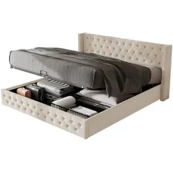 Polsterbett 140x200 cm aus Samt mit hydraulischem Bettkasten – elegantes Chesterfield-Design in Beige