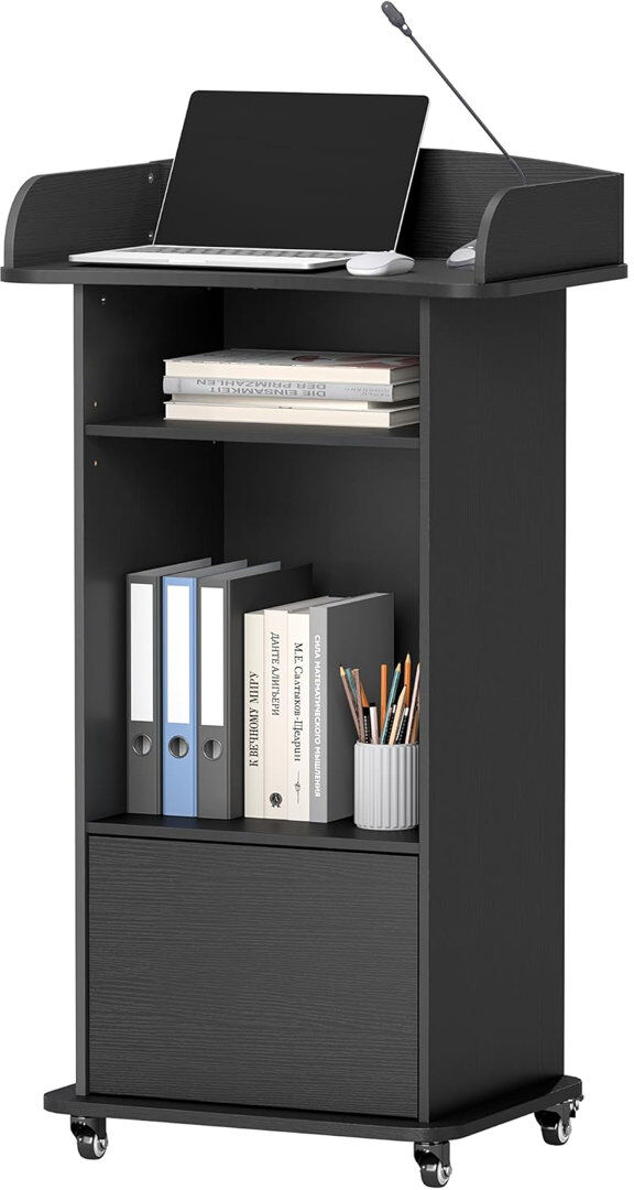 gapino Portable Wood Lectern, 24"W x 44"H, Mobile Standing Podium with Adjustable Shelf & Lockable Wheels, Black 101cm H X 40cm W X 30cm D