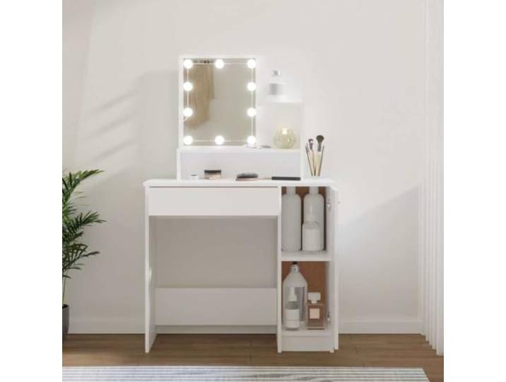 APXESS Schminktisch mit LED Spiegel Weiß 86.5x35x136 cm Kosmetiktisch Inklusive USB-Lampen, Vielseitiger Stauraum, Modernes Design
