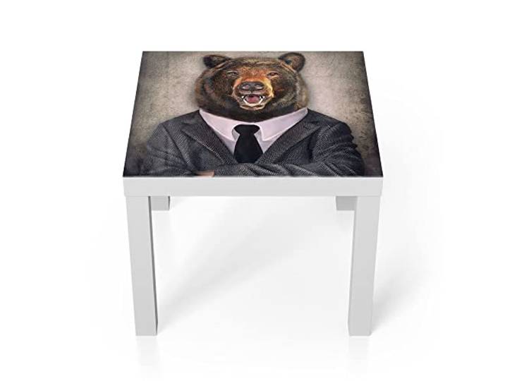 DEQORI Glastisch weiß klein 55x55 cm Motiv Grizzly im Anzug ausgefallener Beistelltisch aus Glas Hochglanz Couchtisch fürs Wohnzimmer moderner Couch Tisch mit Design