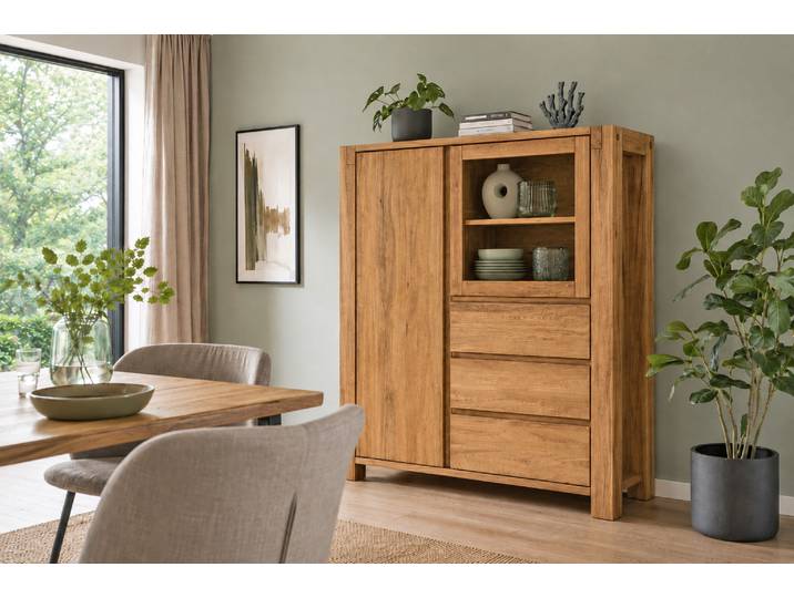 Highboard Woodstock aus massiver Balkeneiche – Montierte Lieferung – 3%-Vorkasse-Rabatt