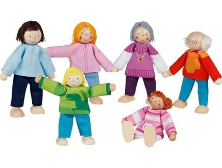 goki 51496 Biegepuppen „Moderne Familie“ 6-teilig aus Holz, biegsam, für Puppenhäuser und Rollenspiele, ca. 9-11 cm