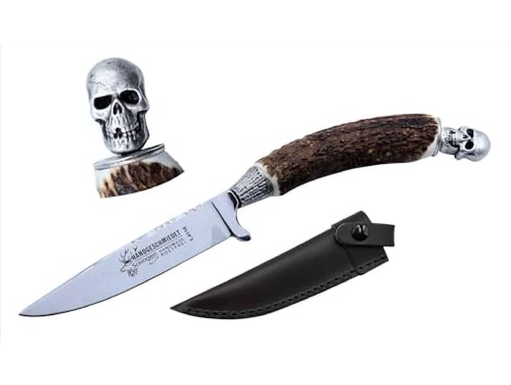 Messer Jagdmesser Skull Totenkopf echt versilbert Hirschhorn Trachtenmesser Jagd Hirschfänger Wild Bock Jagdnicker für Lederhose Biker Jäger Jagd Stahl-Klinge Hirsch, Farbe:Skull Head