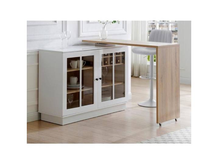 Meuble de bar pivotant avec rangements - Blanc et naturel - ARAMETA