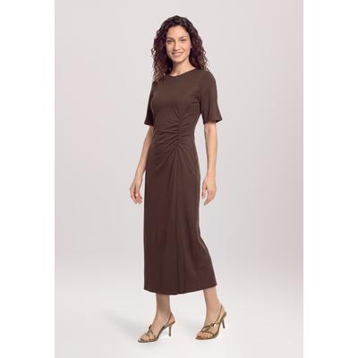 Midikleid CARTOON "Damen mit Raffung", Damen, Gr. 42, Normalgrößen, dunkelbraun, Obermaterial: 67% Viskose, 28% Polyamid, 5% Elasthan, tailliert lang, Rundhals, Kleider Midikleid