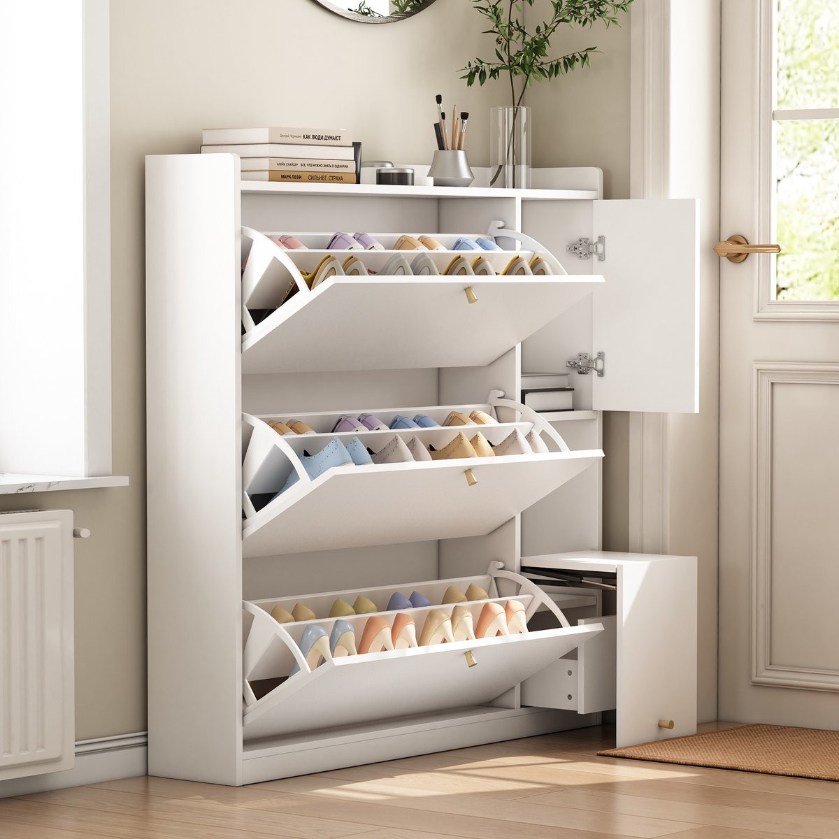 Clruro Schoenenkast met zitbank en 3 klappen in wit hout, H x B x D: 119 x 122 x 24 cm