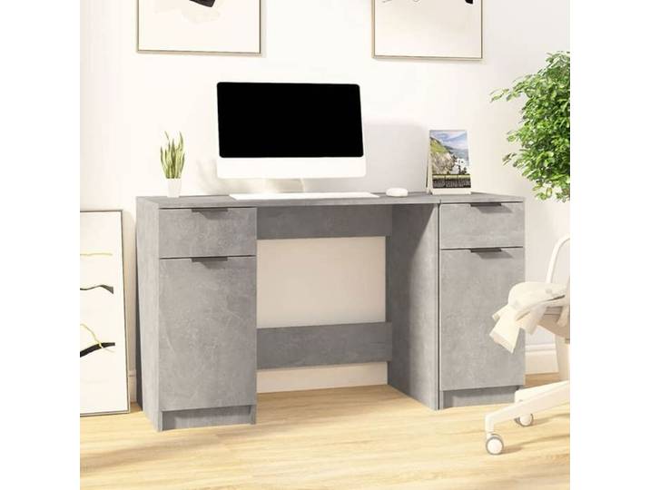 SALE 2026  Bureau moderne compact Gris - Bureau avec armoire latérale Gris béton Bois d'ingénierie PRO494528799