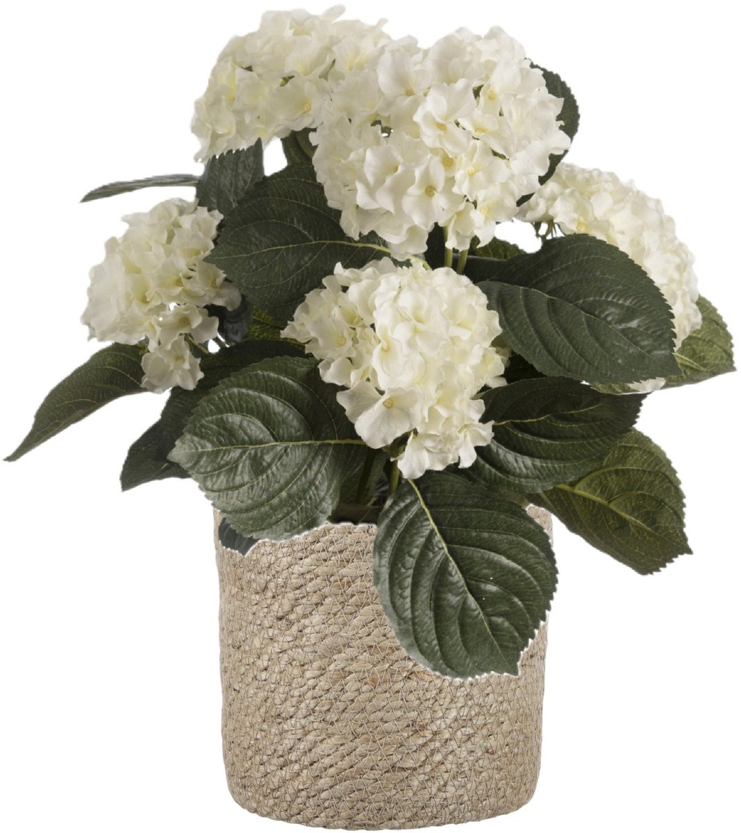 Kunstplant Hortensia Hydrangea met bruine rotan plantenmand en witte bloemen