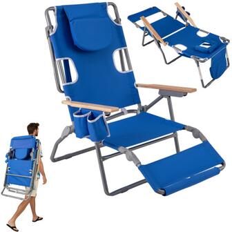 Costway 3-IN-1 Foldable Beach Chair with Footrest and Adjustable Backrest-Navy